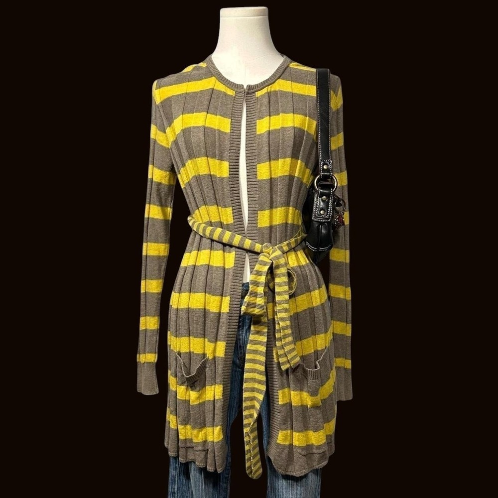 Striped Ribbed Long Cardigan Open Front Tie Waist Juniors L Cotton Silk Indie